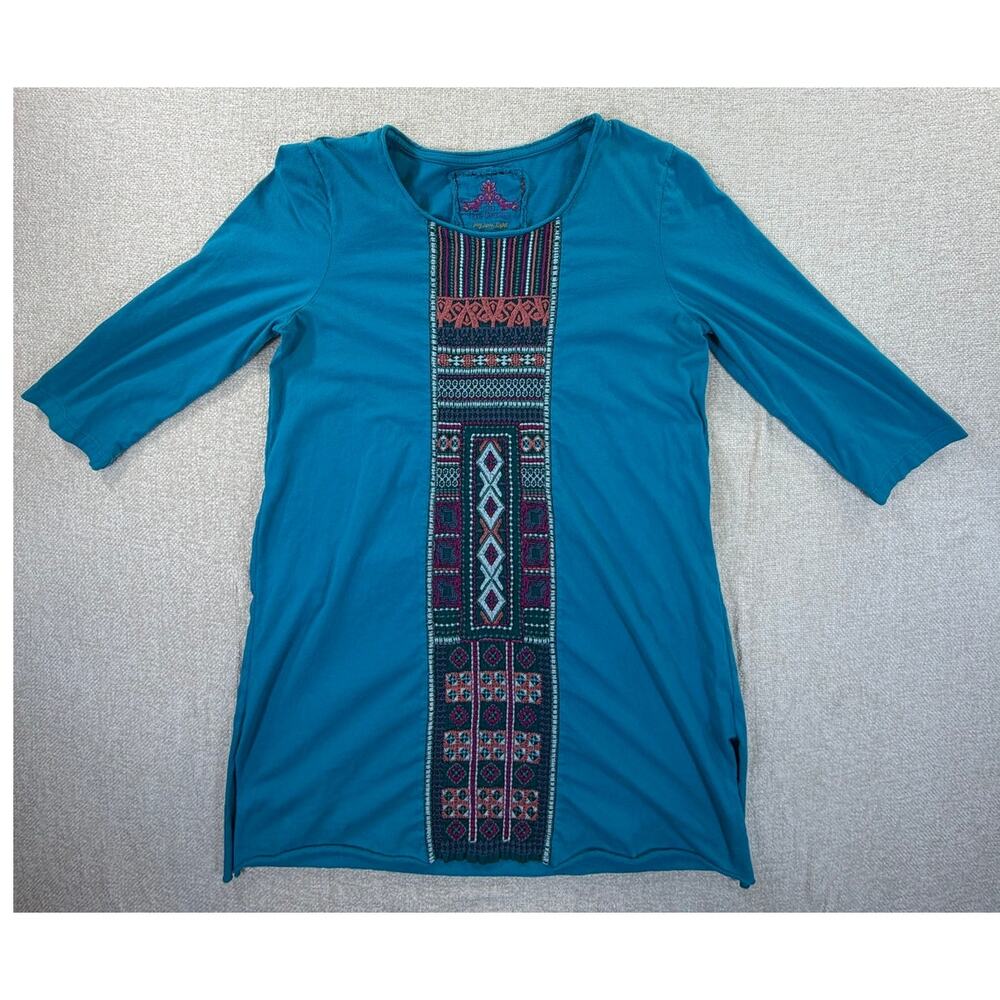 Johnny Was Women's Medium Blue Embroidered Southwest 3/4 Sleeve Pullover Top